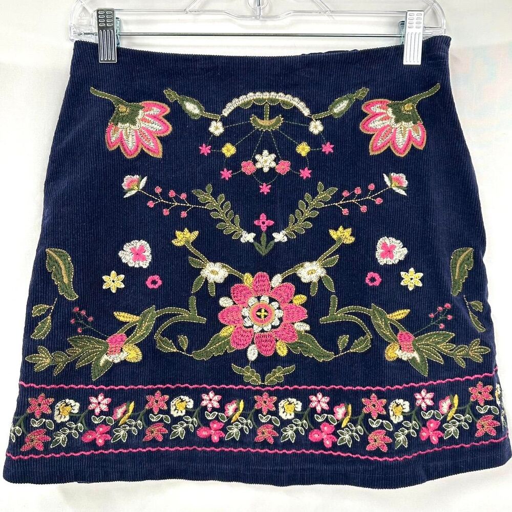 HARPER HERITAGE Navy‎ Blue Corduroy Lined Mini Skirt Floral Embroidery Womens M